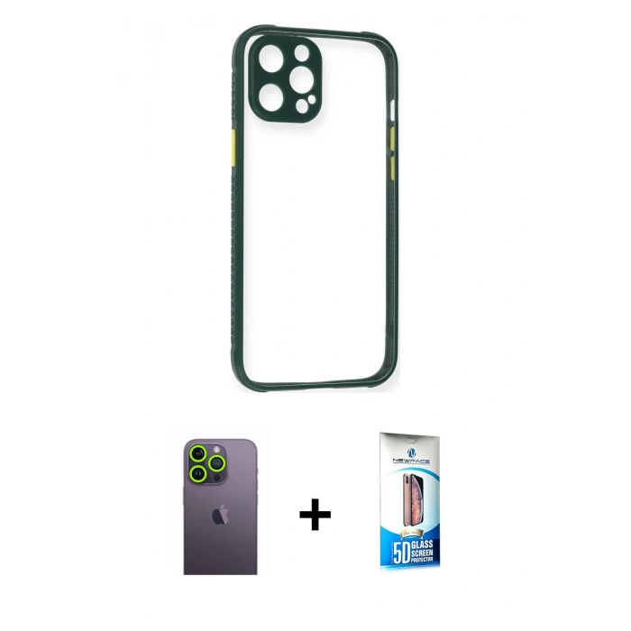 MARSİLYAN™- iPhone 12 Pro Max Kılıf Nova Asil Özel Seri - Siyah 5D Eko Cam Ekran Koruyucu + Neon Fosforlu Kamera Lens - YL
