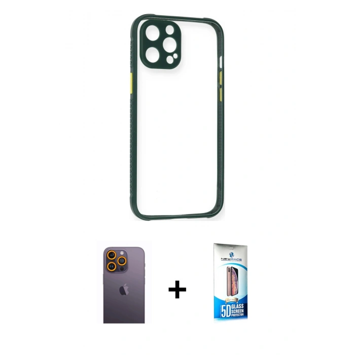MARSİLYAN™- iPhone 12 Pro Max Kılıf Nova Asil Özel Seri - Siyah 5D Eko Cam Ekran Koruyucu + Neon Fosforlu Kamera Lens - SI