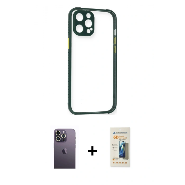 MARSİLYAN™- iPhone 12 Pro Max Kılıf Nova Asil Özel Seri - Siyah 6D Mat Seramik Hayalet Nano Ekran Koruyucu + Neon Fosforlu Kamera Lens - BZ