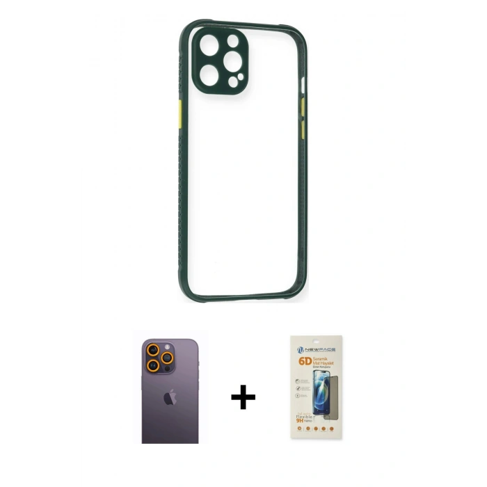 MARSİLYAN™- iPhone 12 Pro Max Kılıf Nova Asil Özel Seri - Siyah 6D Mat Seramik Hayalet Nano Ekran Koruyucu + Sarı Neon Fosforlu Kamera Lens