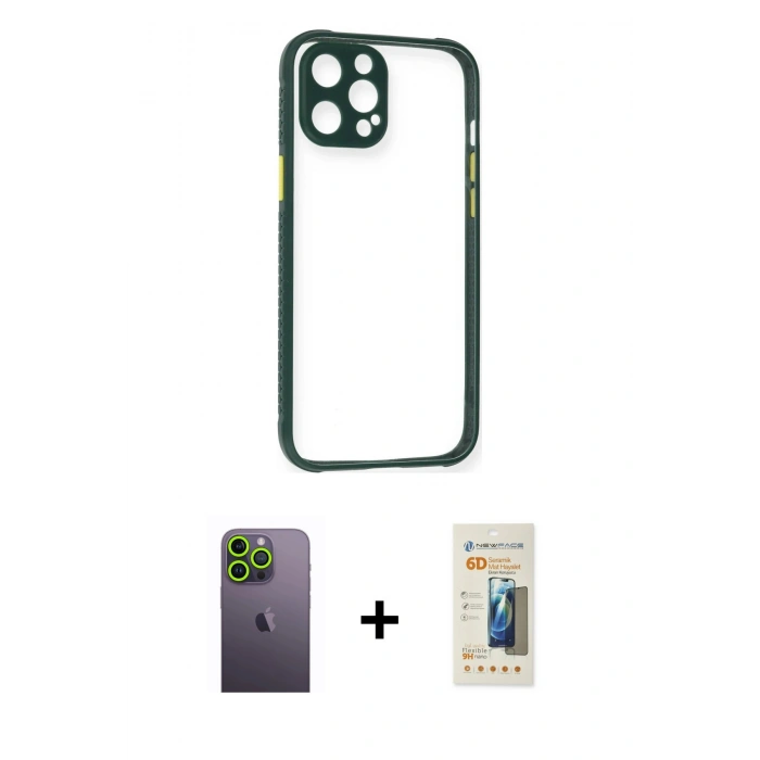 MARSİLYAN™- iPhone 12 Pro Max Kılıf Nova Asil Özel Seri - Siyah 6D Mat Seramik Hayalet Nano Ekran Koruyucu + Yeşil Neon Fosforlu Kamera Lens