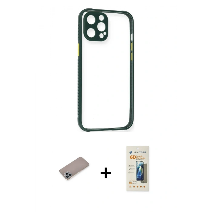 MARSİLYAN™- iPhone 12 Pro Max Kılıf Nova Asil Özel Seri - Siyah 6D Mat Seramik Hayalet Nano Ekran Koruyucu + Shine Kamera Lens Koruma Cam - SABE
