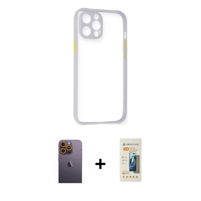 MARSİLYAN™- iPhone 12 Pro Max Kılıf Nova Asil Özel Seri - Siyah 6D Mat Seramik Hayalet Nano Ekran Koruyucu + Sarı Neon Fosforlu Kamera Lens
