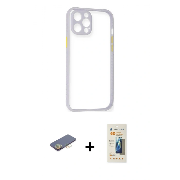 MARSİLYAN™- iPhone 12 Pro Max Kılıf Nova Asil Özel Seri - Siyah 6D Mat Seramik Hayalet Nano Ekran Koruyucu + Renkli Kamera Lens Koruma Cam - SI