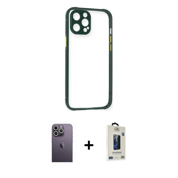 MARSİLYAN™- iPhone 12 Pro Max Kılıf Nova Asil Özel Seri - Siyah Bilvis Hayalet Cam Ekran Koruyucu + Neon Fosforlu Kamera Lens - BZ