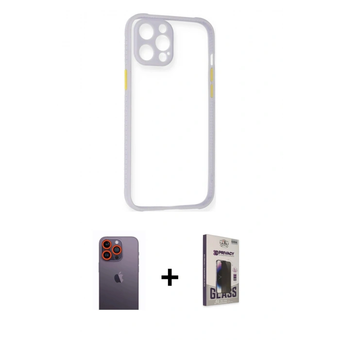 MARSİLYAN™- iPhone 12 Pro Max Kılıf Nova Asil Özel Seri - Siyah Bilvis Hayalet Cam Ekran Koruyucu + Neon Fosforlu Kamera Lens - TU