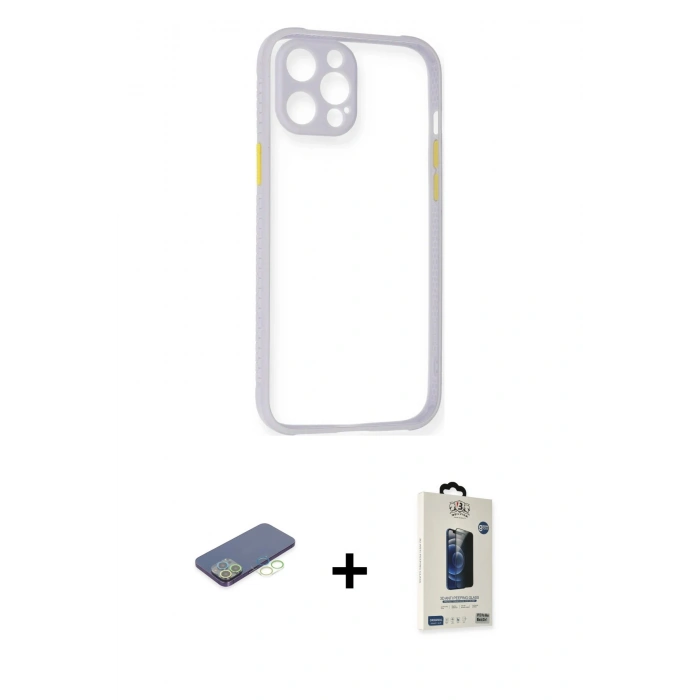MARSİLYAN™- iPhone 12 Pro Max Kılıf Nova Asil Özel Seri - Siyah Bilvis Hayalet Cam Ekran Koruyucu + Renkli Kamera Lens Koruma Cam - YL