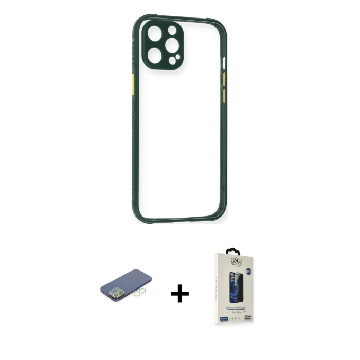MARSİLYAN™- iPhone 12 Pro Max Kılıf Nova Asil Özel Seri - Siyah Bilvis Hayalet Cam Ekran Koruyucu + Renkli Kamera Lens Koruma Cam - YL