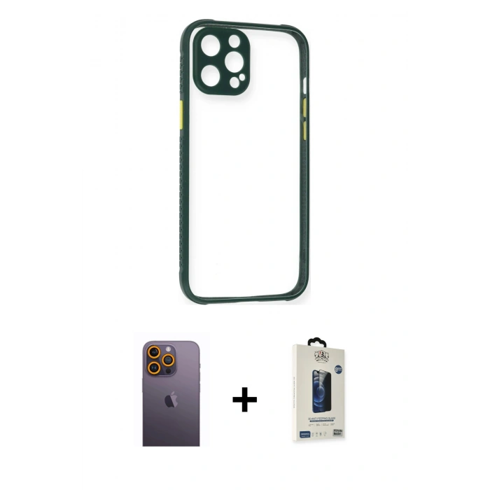 MARSİLYAN™- iPhone 12 Pro Max Kılıf Nova Asil Özel Seri - Siyah Bilvis Hayalet Cam Ekran Koruyucu + Neon Fosforlu Kamera Lens - SI