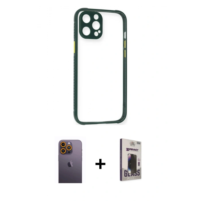 MARSİLYAN™- iPhone 12 Pro Max Kılıf Nova Asil Özel Seri - Siyah Bilvis Hayalet Cam Ekran Koruyucu + Neon Fosforlu Kamera Lens - SI