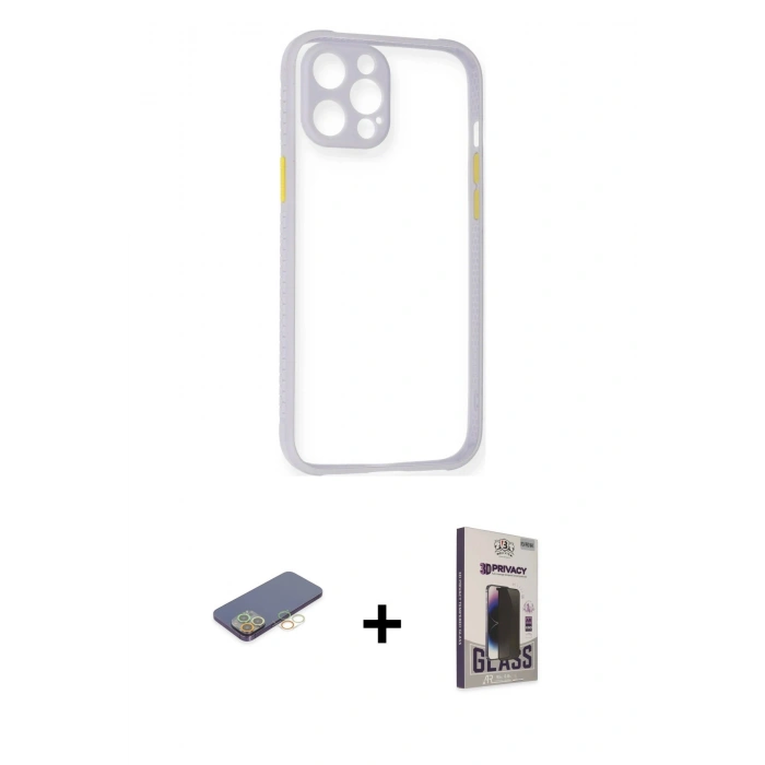 MARSİLYAN™- iPhone 12 Pro Max Kılıf Nova Asil Özel Seri - Siyah Bilvis Hayalet Cam Ekran Koruyucu + Sarı Renkli Kamera Lens Koruma Cam