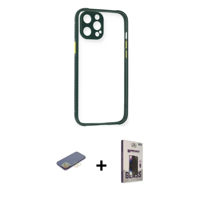 MARSİLYAN™- iPhone 12 Pro Max Kılıf Nova Asil Özel Seri - Siyah Bilvis Hayalet Cam Ekran Koruyucu + Sarı Renkli Kamera Lens Koruma Cam