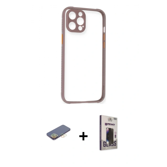 MARSİLYAN™- iPhone 12 Pro Max Kılıf Nova Asil Özel Seri - Siyah Bilvis Hayalet Cam Ekran Koruyucu + Sarı Renkli Kamera Lens Koruma Cam