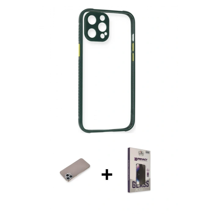 MARSİLYAN™- iPhone 12 Pro Max Kılıf Nova Asil Özel Seri - Siyah Bilvis Hayalet Cam Ekran Koruyucu + Shine Kamera Lens Koruma Cam - SABE