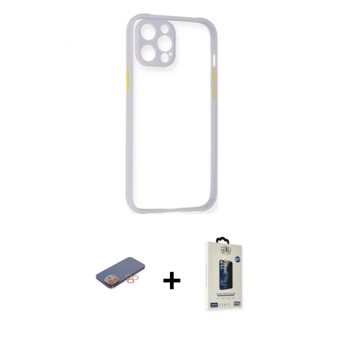 MARSİLYAN™- iPhone 12 Pro Max Kılıf Nova Asil Özel Seri - Siyah Bilvis Hayalet Cam Ekran Koruyucu + Renkli Kamera Lens Koruma Cam - TU