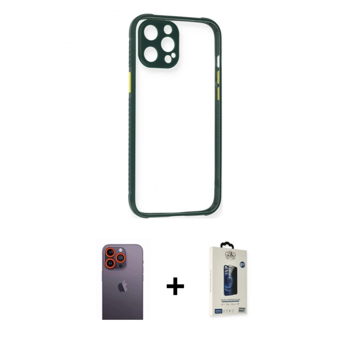 MARSİLYAN™- iPhone 12 Pro Max Kılıf Nova Asil Özel Seri - Siyah Bilvis Hayalet Cam Ekran Koruyucu + Turuncu Neon Fosforlu Kamera Lens
