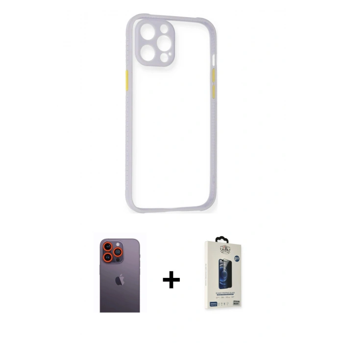 MARSİLYAN™- iPhone 12 Pro Max Kılıf Nova Asil Özel Seri - Siyah Bilvis Hayalet Cam Ekran Koruyucu + Turuncu Neon Fosforlu Kamera Lens