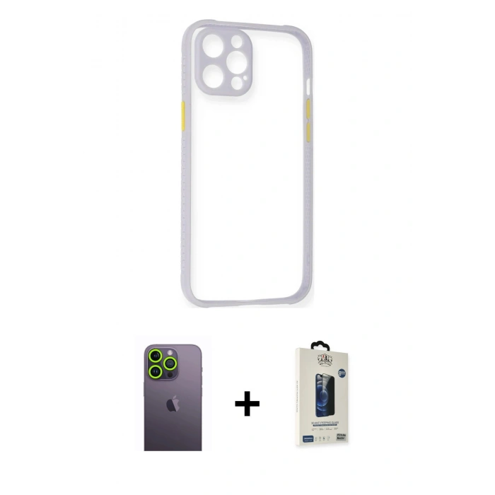 MARSİLYAN™- iPhone 12 Pro Max Kılıf Nova Asil Özel Seri - Siyah Bilvis Hayalet Cam Ekran Koruyucu + Neon Fosforlu Kamera Lens - YL