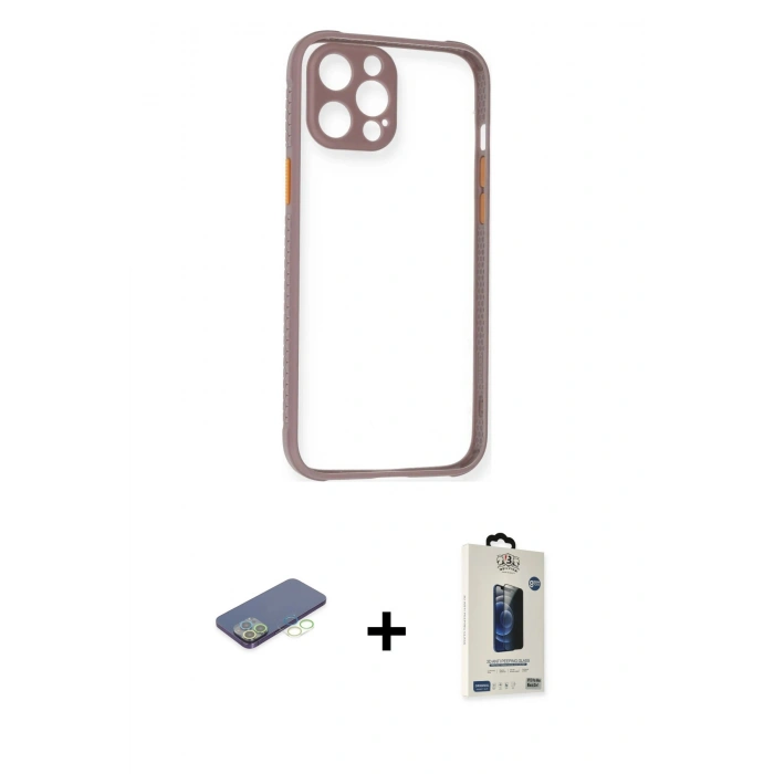 MARSİLYAN™- iPhone 12 Pro Max Kılıf Nova Asil Özel Seri - Siyah Bilvis Hayalet Cam Ekran Koruyucu + Renkli Kamera Lens Koruma Cam - YL