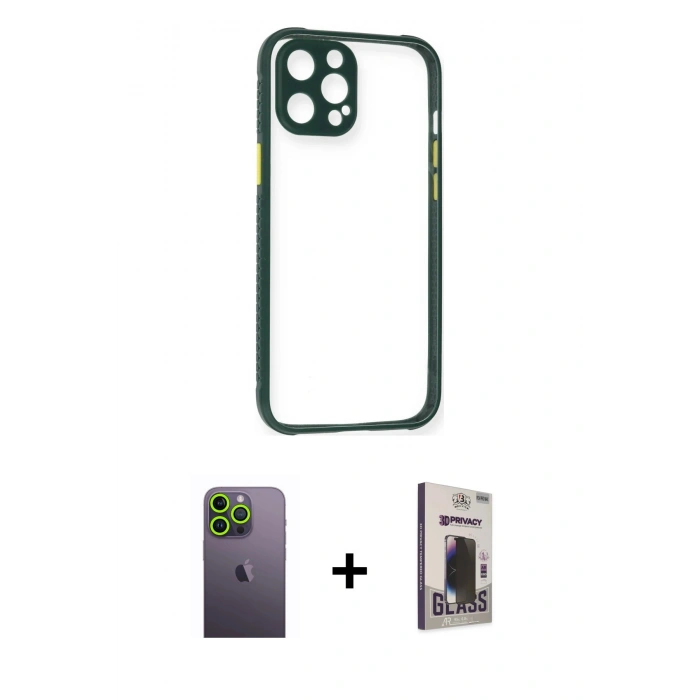 MARSİLYAN™- iPhone 12 Pro Max Kılıf Nova Asil Özel Seri - Siyah Bilvis Hayalet Cam Ekran Koruyucu + Yeşil Neon Fosforlu Kamera Lens