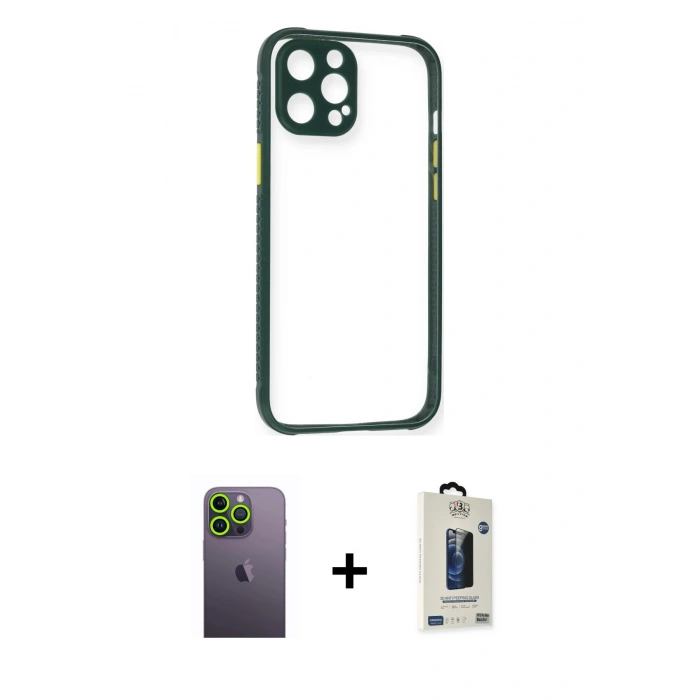 MARSİLYAN™- iPhone 12 Pro Max Kılıf Nova Asil Özel Seri - Siyah Bilvis Hayalet Cam Ekran Koruyucu + Neon Fosforlu Kamera Lens - YL
