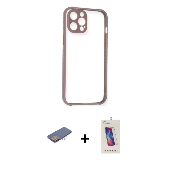 MARSİLYAN™- iPhone 12 Pro Max Kılıf Nova Asil Özel Seri - Siyah Joko 5D Cam + Renkli Kamera Lens Koruma Cam - PE