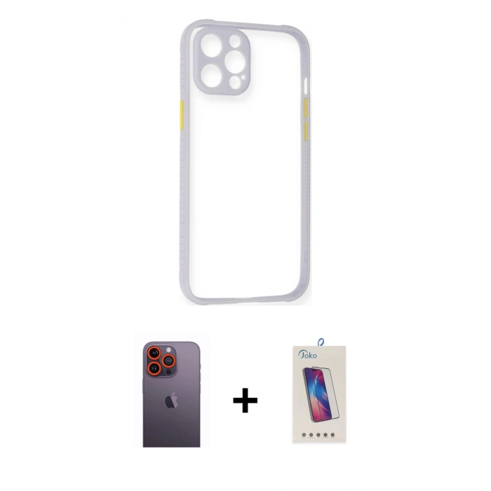 MARSİLYAN™- iPhone 12 Pro Max Kılıf Nova Asil Özel Seri - Siyah Joko 5D Cam + Turuncu Neon Fosforlu Kamera Lens