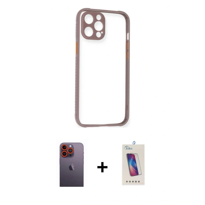 MARSİLYAN™- iPhone 12 Pro Max Kılıf Nova Asil Özel Seri - Siyah Joko 5D Cam + Turuncu Neon Fosforlu Kamera Lens