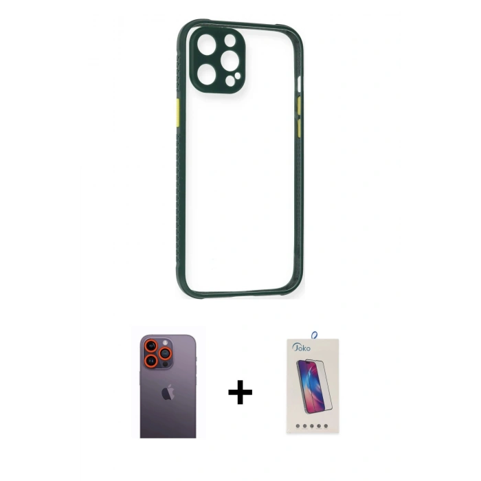 MARSİLYAN™- iPhone 12 Pro Max Kılıf Nova Asil Özel Seri - Siyah Joko 5D Cam + Turuncu Neon Fosforlu Kamera Lens