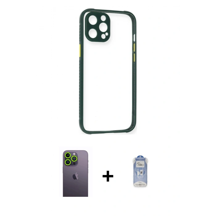 MARSİLYAN™- iPhone 12 Pro Max Kılıf Nova Asil Özel Seri - Siyah Joko Magic 5D Cam + Neon Fosforlu Kamera Lens - YL