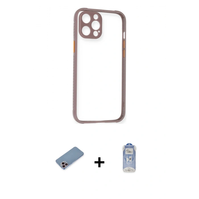 MARSİLYAN™- iPhone 12 Pro Max Kılıf Nova Asil Özel Seri - Siyah Joko Magic 5D Cam + Pembe Shine Kamera Lens Koruma Cam