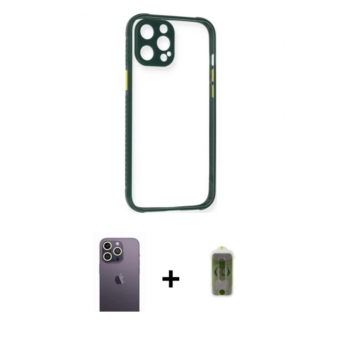 MARSİLYAN™- iPhone 12 Pro Max Kılıf Nova Asil Özel Seri - Siyah Joko Magic 5D Hayalet Cam + Neon Fosforlu Kamera Lens - BZ