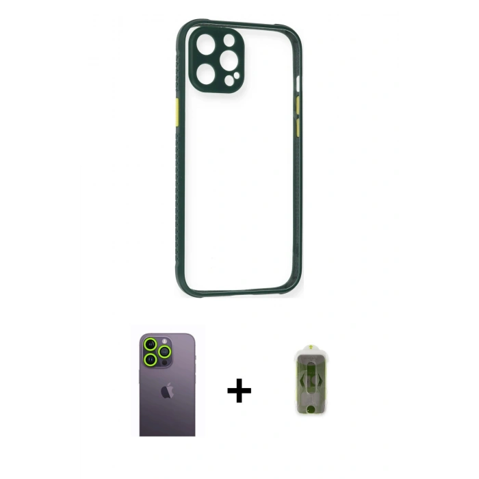 MARSİLYAN™- iPhone 12 Pro Max Kılıf Nova Asil Özel Seri - Siyah Joko Magic 5D Hayalet Cam + Neon Fosforlu Kamera Lens - YL