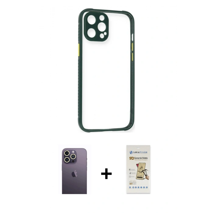 MARSİLYAN™- iPhone 12 Pro Max Kılıf Nova Asil Özel Seri - Siyah Mat Seramik Nano Ekran Koruyucu + Neon Fosforlu Kamera Lens - BZ
