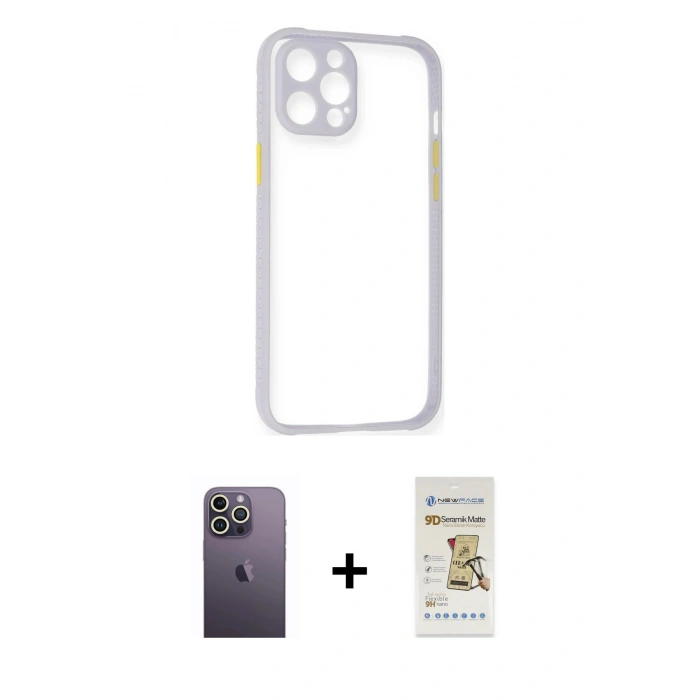 MARSİLYAN™- iPhone 12 Pro Max Kılıf Nova Asil Özel Seri - Siyah Mat Seramik Nano Ekran Koruyucu + Neon Fosforlu Kamera Lens - BZ