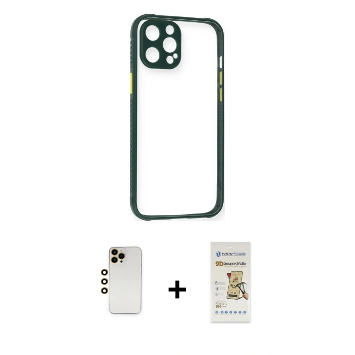 MARSİLYAN™- iPhone 12 Pro Max Kılıf Nova Asil Özel Seri - Siyah Mat Seramik Nano Ekran Koruyucu + Gold Shine Kamera Lens