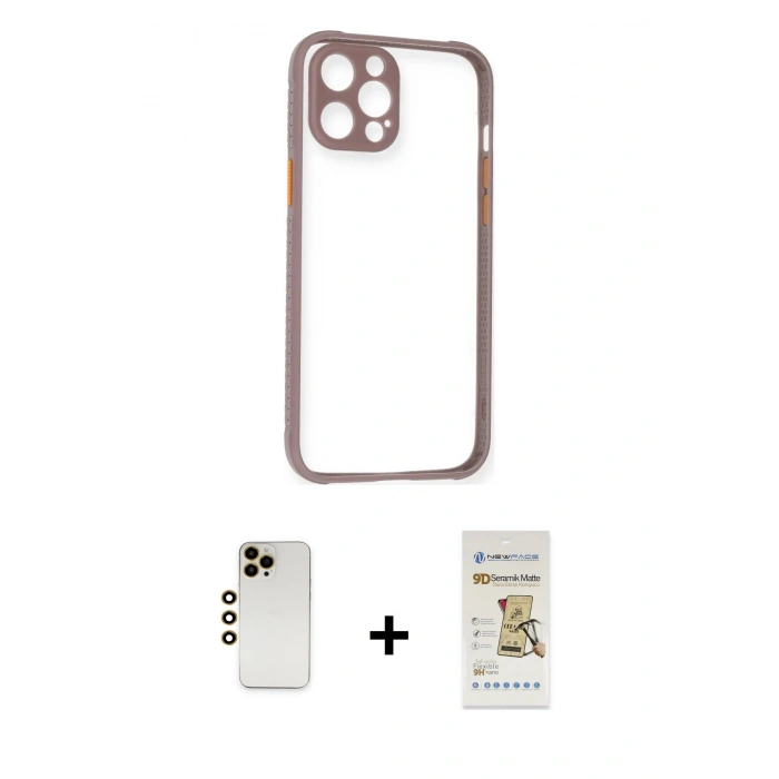 MARSİLYAN™- iPhone 12 Pro Max Kılıf Nova Asil Özel Seri - Siyah Mat Seramik Nano Ekran Koruyucu + Gold Shine Kamera Lens