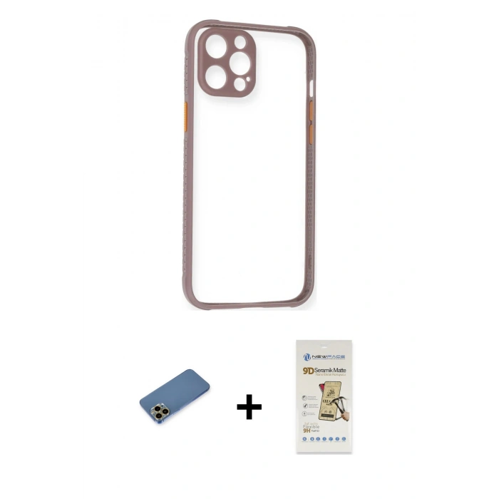 MARSİLYAN™- iPhone 12 Pro Max Kılıf Nova Asil Özel Seri - Siyah Mat Seramik Nano Ekran Koruyucu + Gold Shine Kamera Lens Koruma Cam
