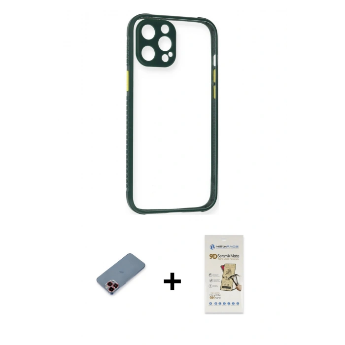 MARSİLYAN™- iPhone 12 Pro Max Kılıf Nova Asil Özel Seri - Siyah Mat Seramik Nano Ekran Koruyucu + Metal Kamera Lens Koruma Cam - KI