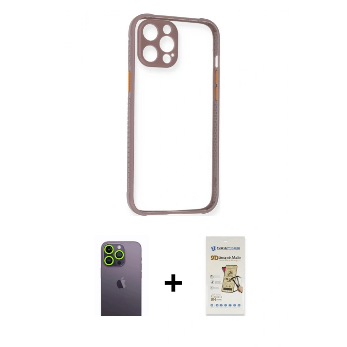 MARSİLYAN™- iPhone 12 Pro Max Kılıf Nova Asil Özel Seri - Siyah Mat Seramik Nano Ekran Koruyucu + Neon Fosforlu Kamera Lens - YL