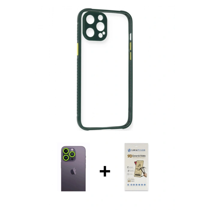 MARSİLYAN™- iPhone 12 Pro Max Kılıf Nova Asil Özel Seri - Siyah Mat Seramik Nano Ekran Koruyucu + Neon Fosforlu Kamera Lens - YL
