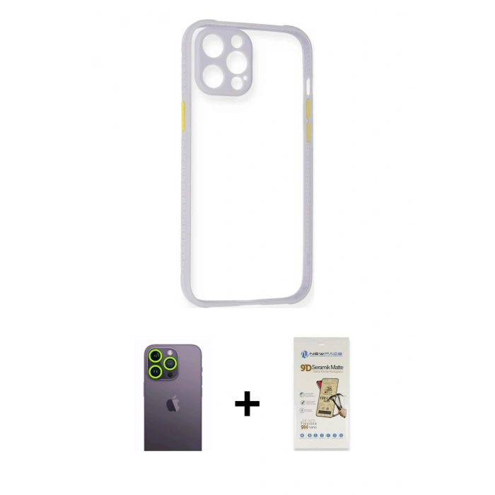 MARSİLYAN™- iPhone 12 Pro Max Kılıf Nova Asil Özel Seri - Siyah Mat Seramik Nano Ekran Koruyucu + Neon Fosforlu Kamera Lens - YL