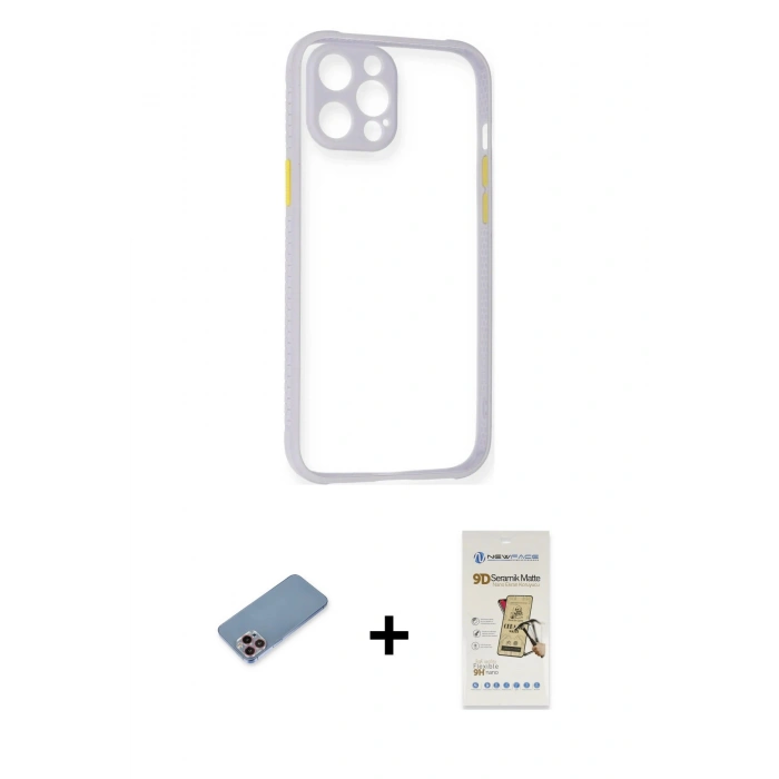 MARSİLYAN™- iPhone 12 Pro Max Kılıf Nova Asil Özel Seri - Siyah Mat Seramik Nano Ekran Koruyucu + Pembe Shine Kamera Lens Koruma Cam