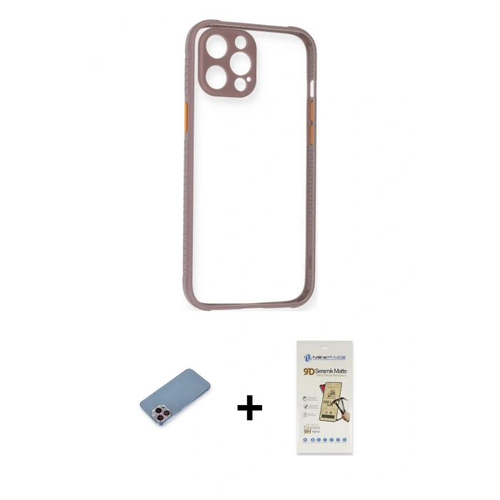 MARSİLYAN™- iPhone 12 Pro Max Kılıf Nova Asil Özel Seri - Siyah Mat Seramik Nano Ekran Koruyucu + Pembe Shine Kamera Lens Koruma Cam