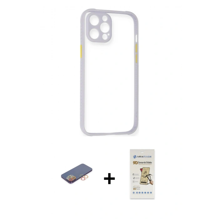 MARSİLYAN™- iPhone 12 Pro Max Kılıf Nova Asil Özel Seri - Siyah Mat Seramik Nano Ekran Koruyucu + Renkli Kamera Lens Koruma Cam - TU