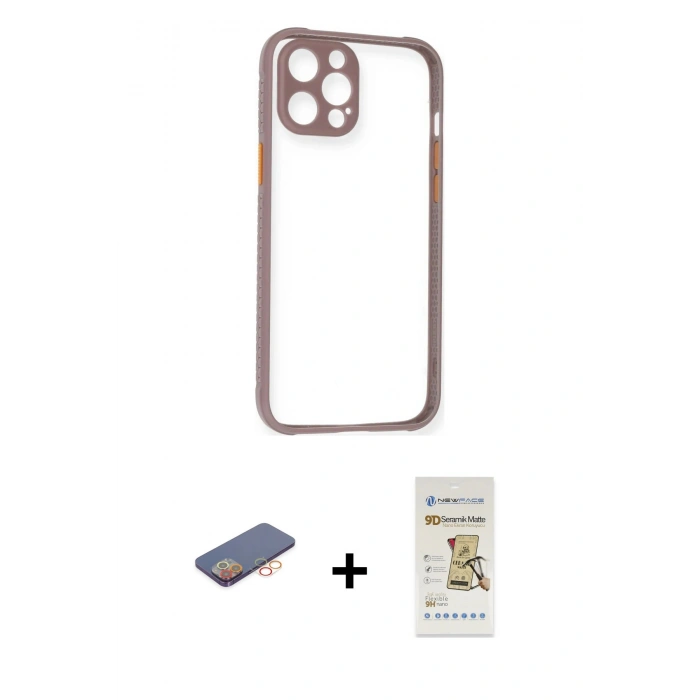 MARSİLYAN™- iPhone 12 Pro Max Kılıf Nova Asil Özel Seri - Siyah Mat Seramik Nano Ekran Koruyucu + Renkli Kamera Lens Koruma Cam - TU