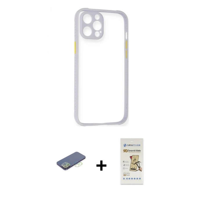 MARSİLYAN™- iPhone 12 Pro Max Kılıf Nova Asil Özel Seri - Siyah Mat Seramik Nano Ekran Koruyucu + Renkli Kamera Lens Koruma Cam - YL