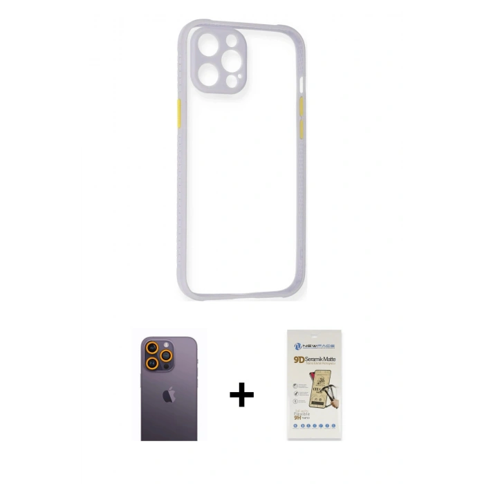 MARSİLYAN™- iPhone 12 Pro Max Kılıf Nova Asil Özel Seri - Siyah Mat Seramik Nano Ekran Koruyucu + Sarı Neon Fosforlu Kamera Lens