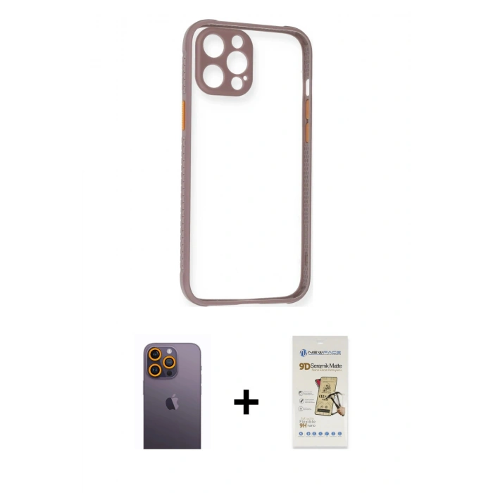 MARSİLYAN™- iPhone 12 Pro Max Kılıf Nova Asil Özel Seri - Siyah Mat Seramik Nano Ekran Koruyucu + Sarı Neon Fosforlu Kamera Lens