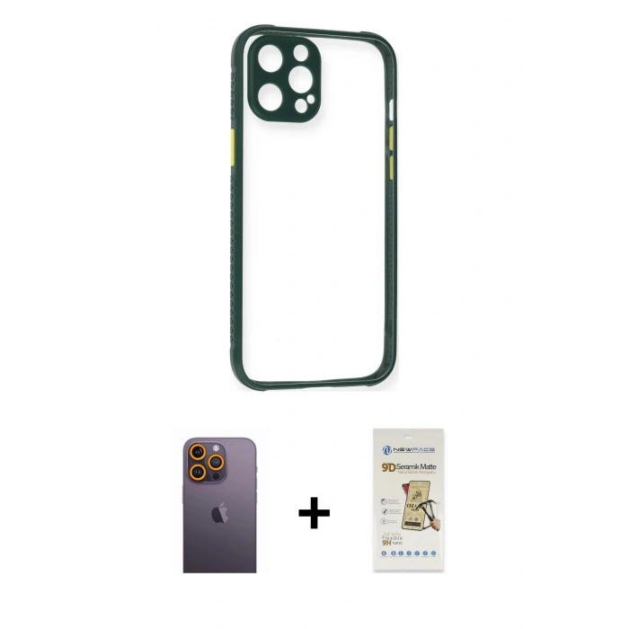 MARSİLYAN™- iPhone 12 Pro Max Kılıf Nova Asil Özel Seri - Siyah Mat Seramik Nano Ekran Koruyucu + Sarı Neon Fosforlu Kamera Lens